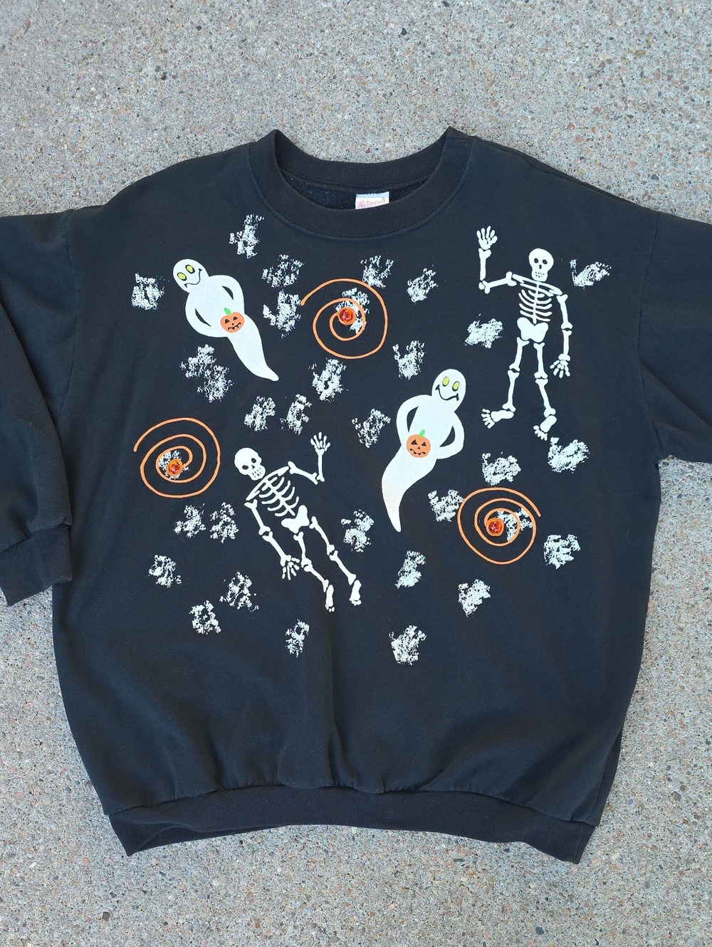 Vintage Wetpaint Bejeweled Black Halloween Ghost Skeleton Crewneck Sweatshirt